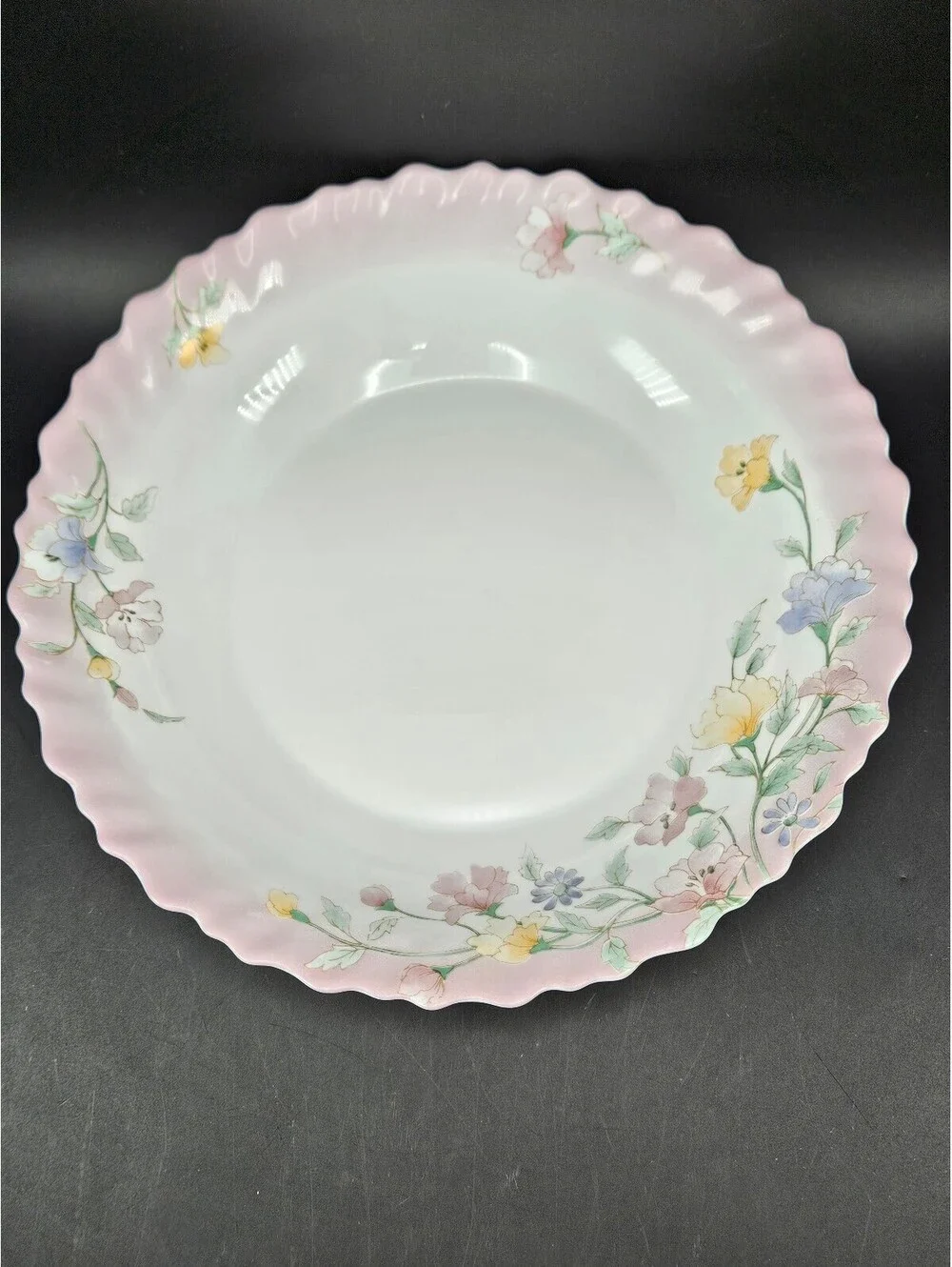 Vtg Arcopal France Elise Large Round Low Serving Bowl Pink Ombre Rim Floral 11